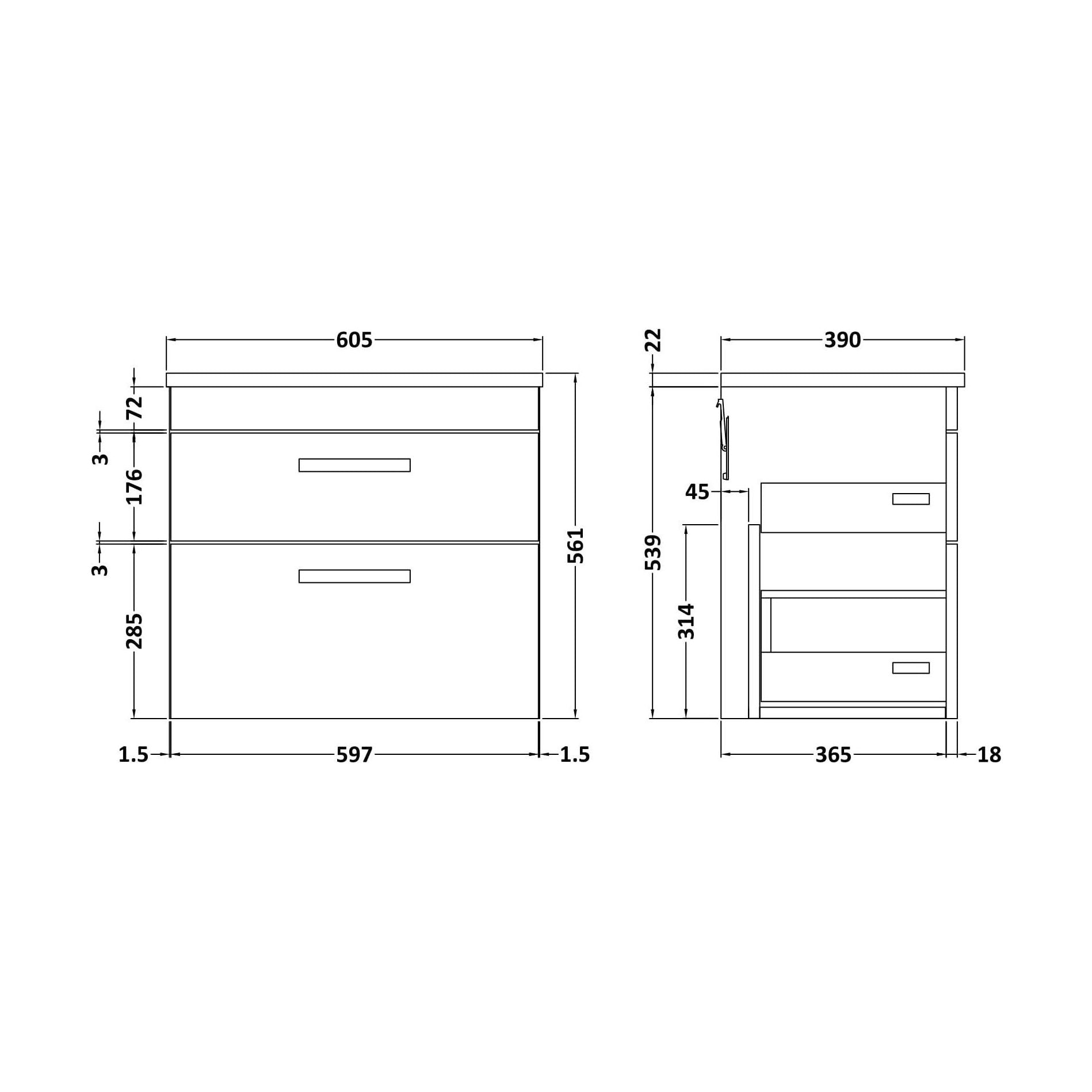 [BFRI047LBG] Millwich Contemporary 2 Drawer Wall Hung Vanity Unit with Laminate Black Galaxy Granite Worktop, Charcoal Black, 600mm - Technical Drawing