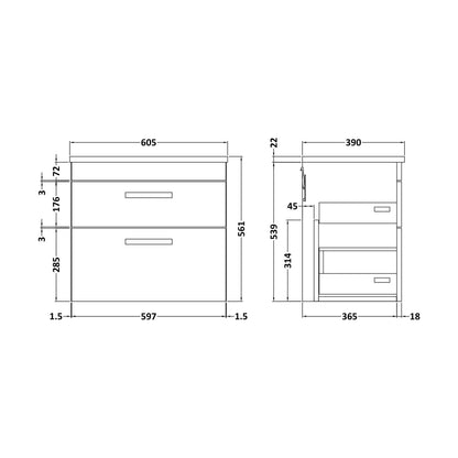 [BFRI047LBG] Millwich Contemporary 2 Drawer Wall Hung Vanity Unit with Laminate Black Galaxy Granite Worktop, Charcoal Black, 600mm - Technical Drawing