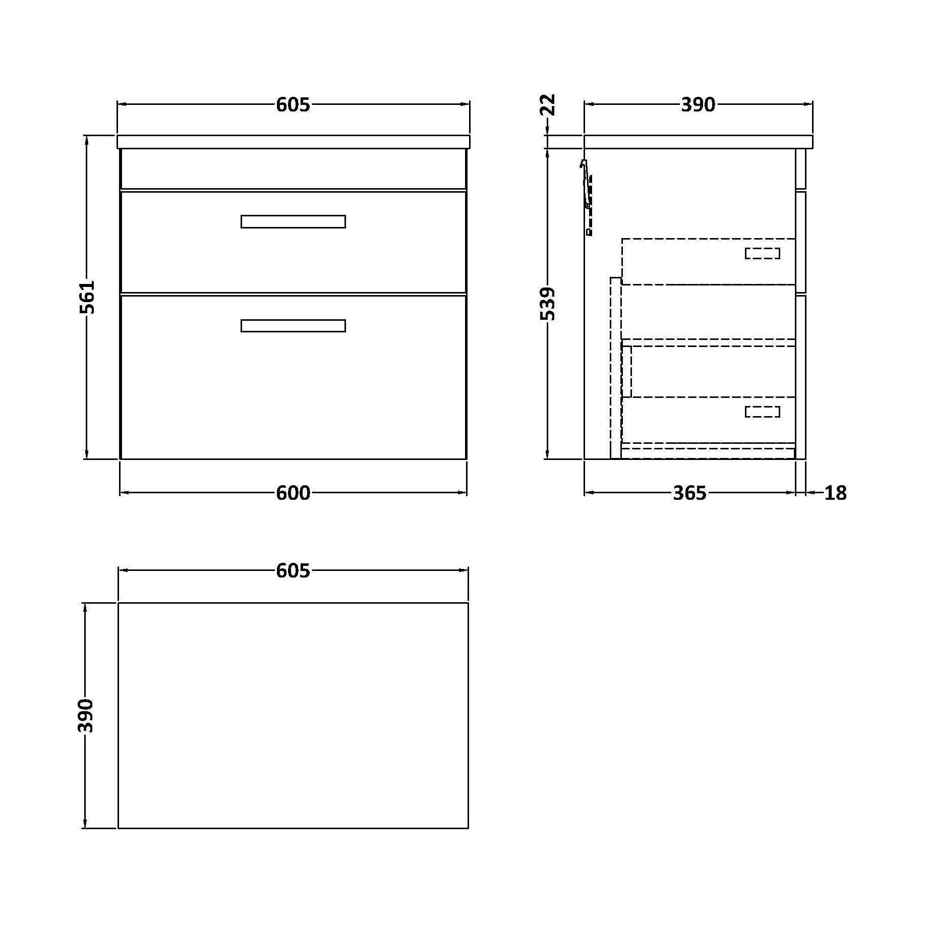 [BFRI047LCM] Millwich Contemporary 2 Drawer Wall Hung Vanity Unit with Laminate Carrara Marble Worktop, Charcoal Black, 600mm - Technical Drawing