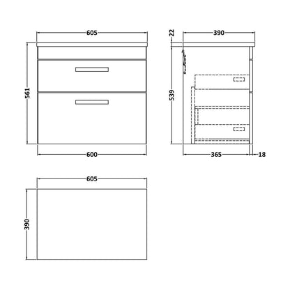 [BFRI047LCM] Millwich Contemporary 2 Drawer Wall Hung Vanity Unit with Laminate Carrara Marble Worktop, Charcoal Black, 600mm - Technical Drawing