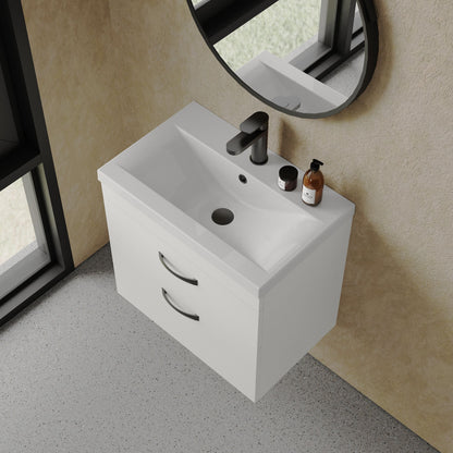 [BFRI048A17] Rio 2 Drawer Wall Hung Vanity Basin Unit - 600mm - Gloss White with Black D-shaped handles (Tap Not Included) - Balterley - Lifestyle 2