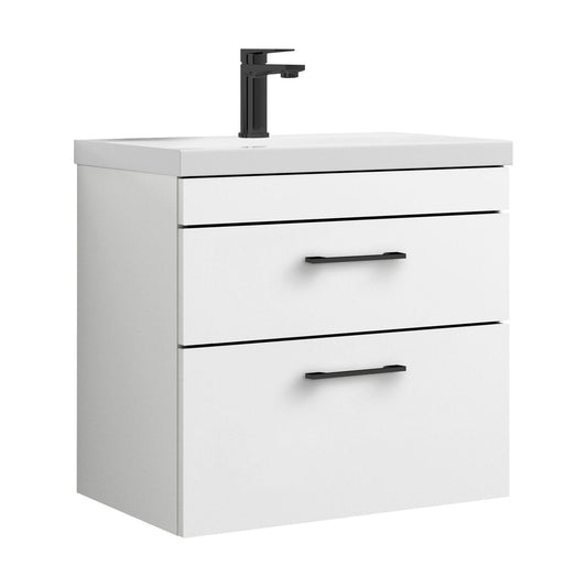 [BFRI048A69] Rio 2 Drawer Wall Hung Vanity Basin Unit - 600mm - Gloss White with Square Black D-shaped handles (Tap Not Included) - Balterley - Cutout