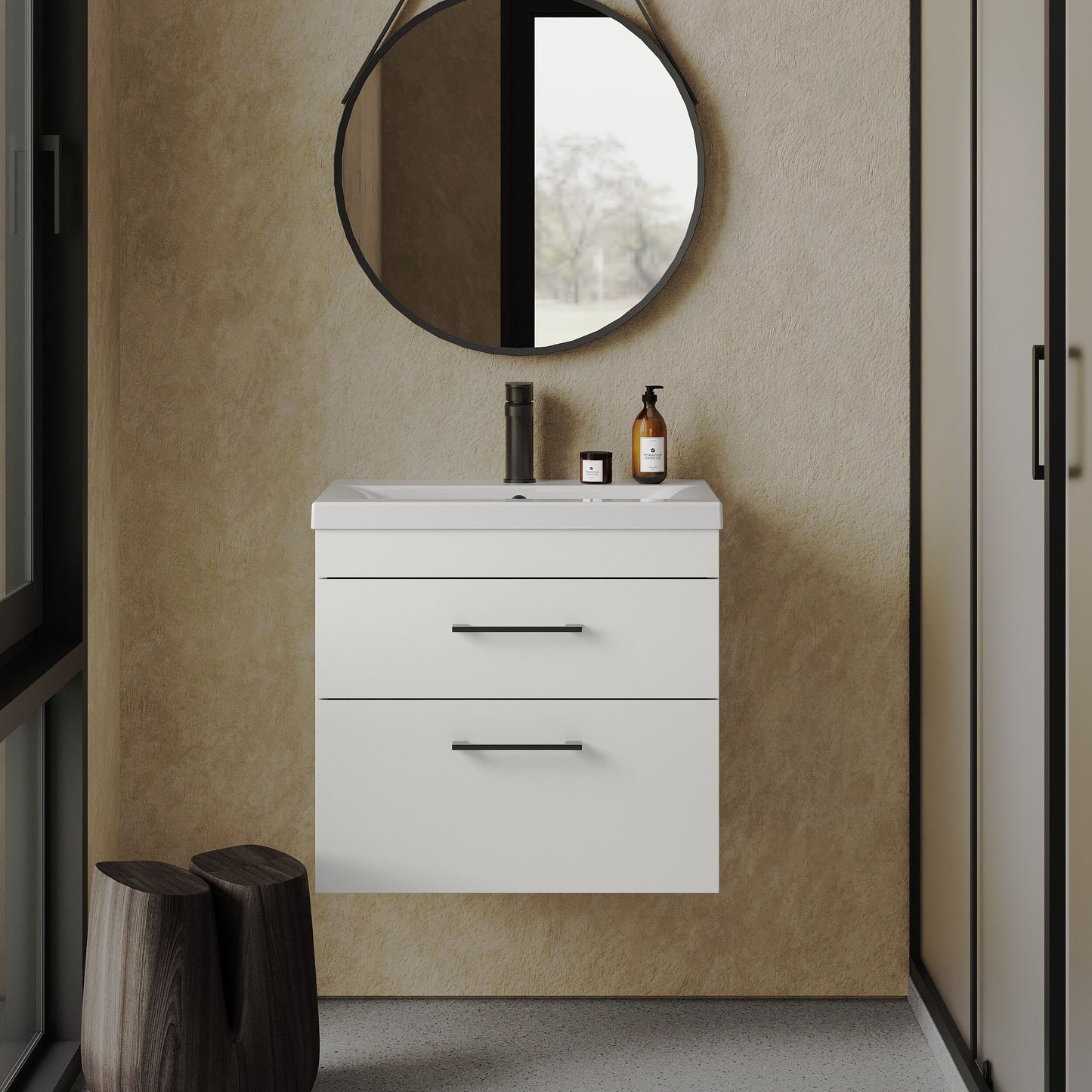 [BFRI048A69] Rio 2 Drawer Wall Hung Vanity Basin Unit - 600mm - Gloss White with Square Black D-shaped handles (Tap Not Included) - Balterley - Lifestyle 1