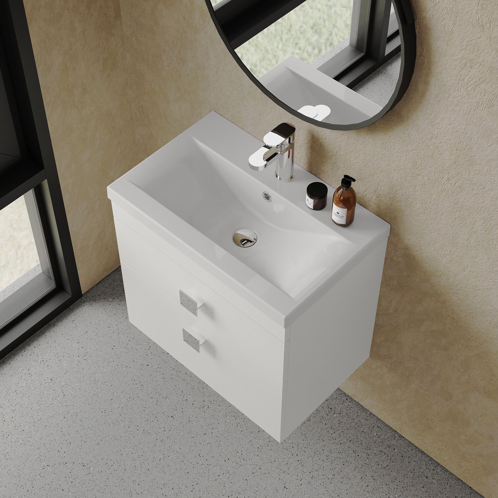 [BFRI048A7] Rio 2 Drawer Wall Hung Vanity Basin Unit - 600mm - Gloss White with Chrome Square Handles (Tap Not Included) - Lifestyle 2