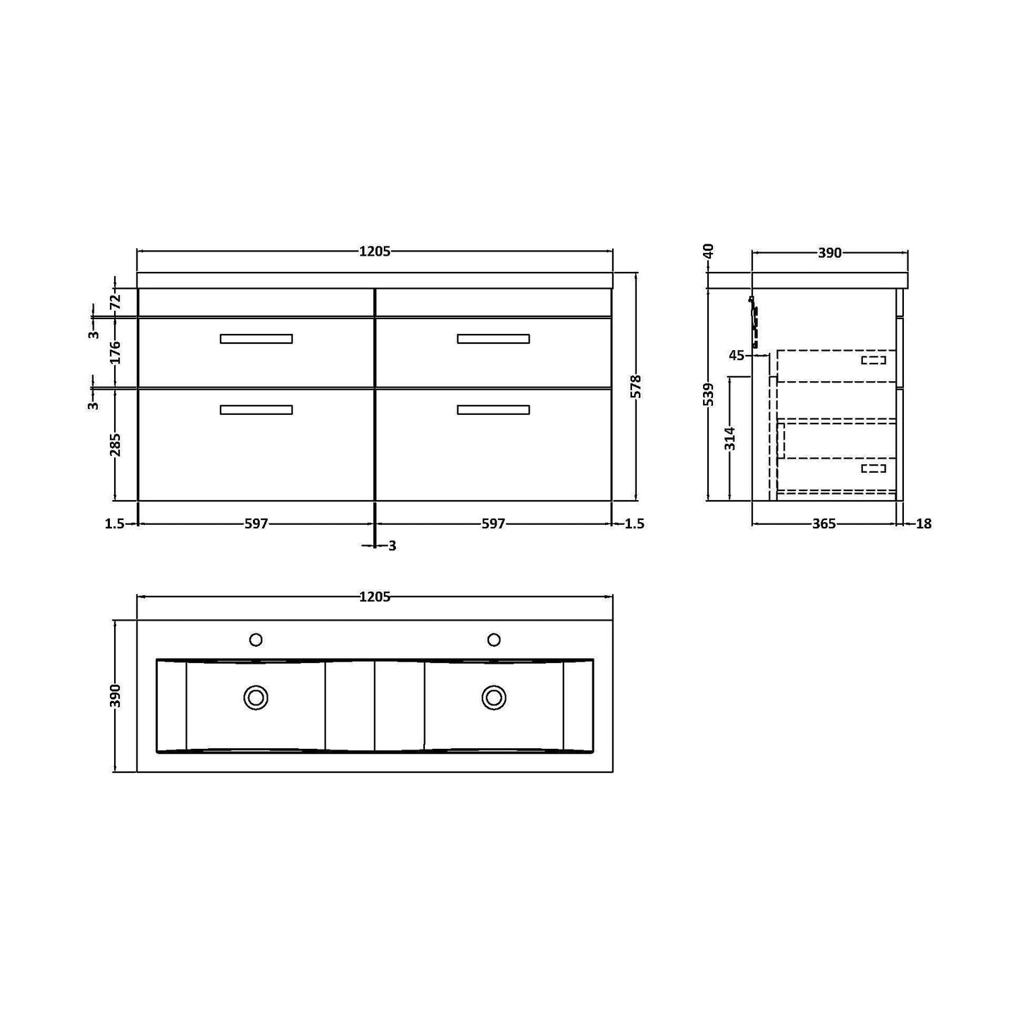 [BFRI048F] Millwich Contemporary 4 Drawer Wall Hung Vanity Unit with Basin, Gloss White, 1200mm - Technical Drawing