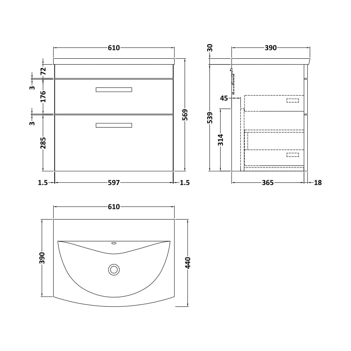 [BFRI048G] Millwich Contemporary 2 Drawer Wall Hung Vanity Unit with Curved Basin, Gloss White, 600mm - Technical Drawing