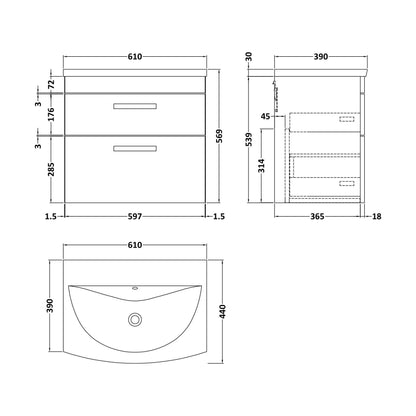 [BFRI048G] Millwich Contemporary 2 Drawer Wall Hung Vanity Unit with Curved Basin, Gloss White, 600mm - Technical Drawing