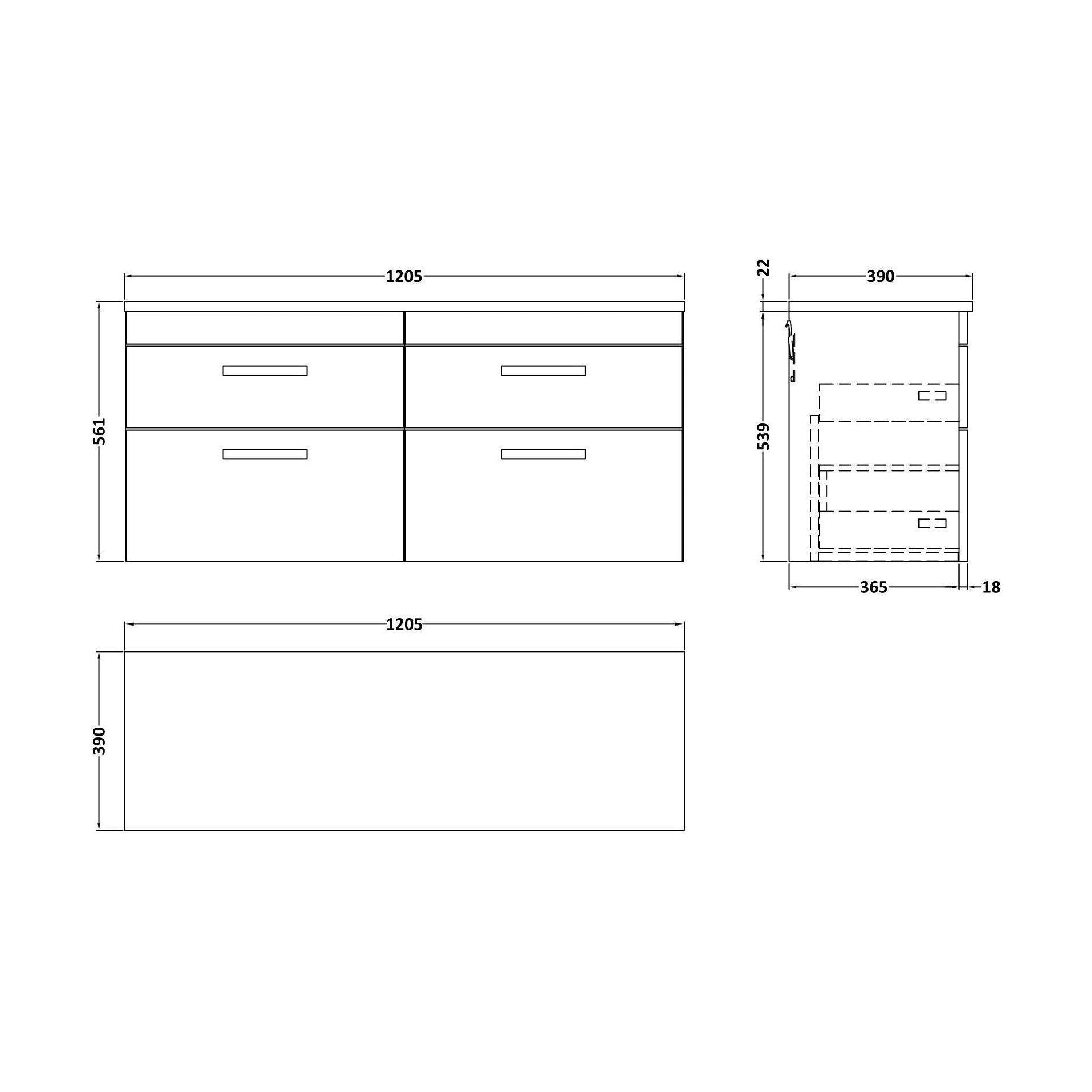 [BFRI048LBG2] Millwich Contemporary 4 Drawer Wall Hung Vanity Unit with Laminate Black Galaxy Granite Worktop, Gloss White, 1200mm - Technical Drawing