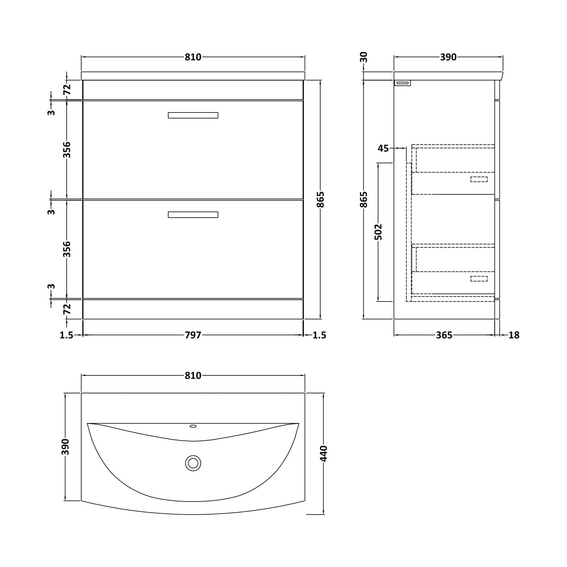 [BFRI054G] Millwich Contemporary 2 Drawer Floor Standing Vanity Unit with Curved Basin, Charcoal Black, 800mm - Technical Drawing