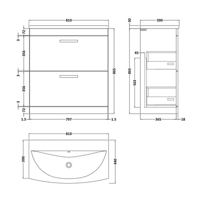 [BFRI054G] Millwich Contemporary 2 Drawer Floor Standing Vanity Unit with Curved Basin, Charcoal Black, 800mm - Technical Drawing