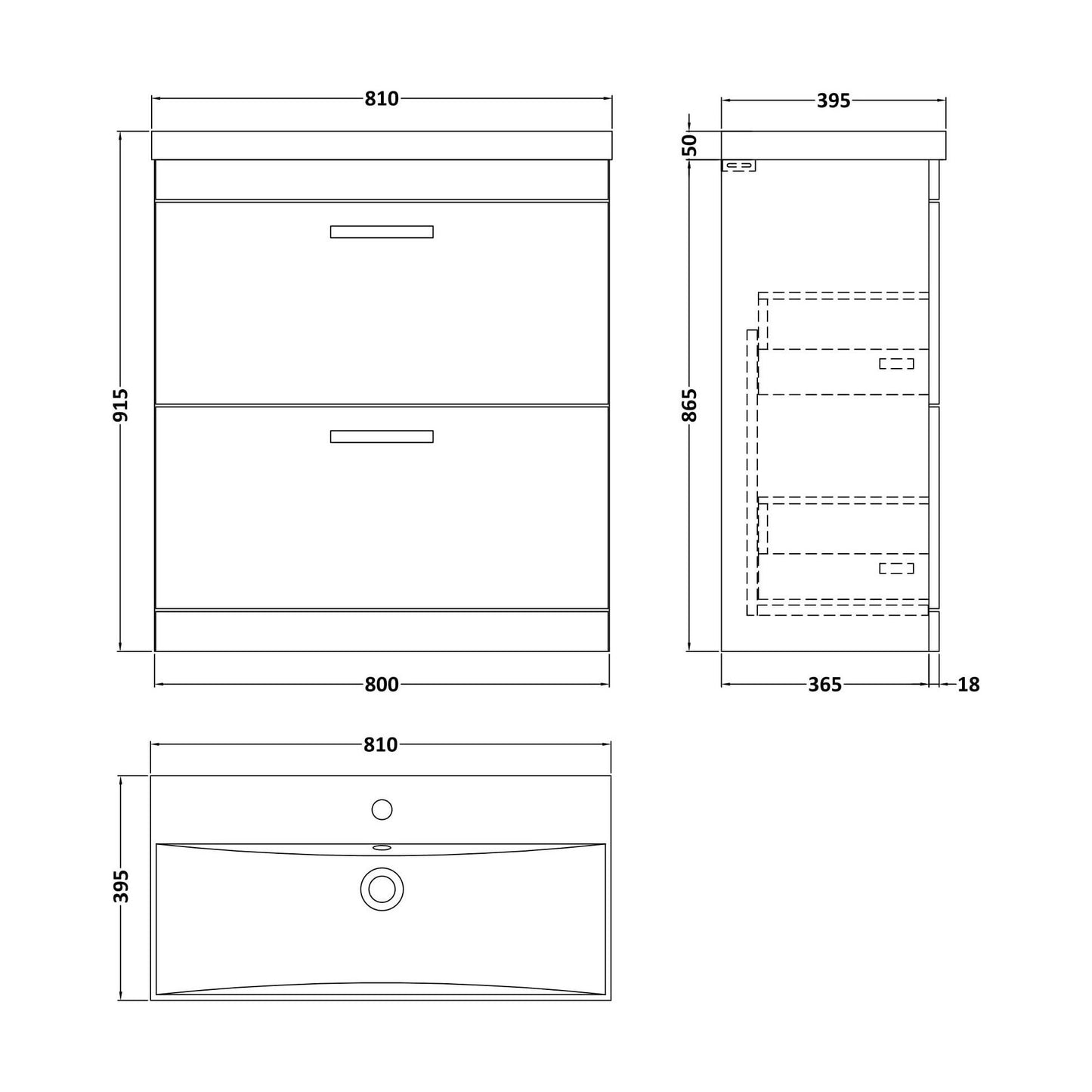 [BFRI055D] Millwich Contemporary 2 Drawer Floor Standing Vanity Unit with Thin Edge Basin, Gloss White, 800mm - Technical Drawing