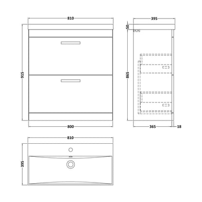 [BFRI055D] Millwich Contemporary 2 Drawer Floor Standing Vanity Unit with Thin Edge Basin, Gloss White, 800mm - Technical Drawing