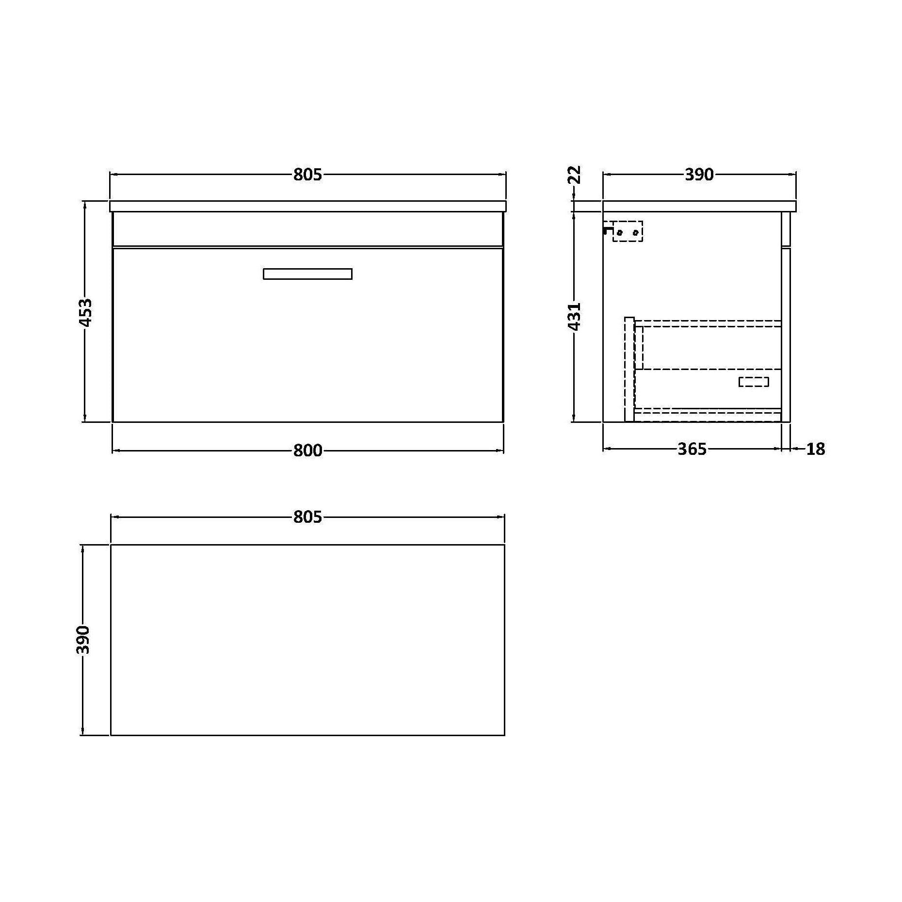 [BFRI060LCM] Millwich Contemporary 1 Drawer Wall Hung Vanity Unit with Laminate Carrara Marble Worktop, Anthracite Woodgrain, 800mm - Technical Drawing