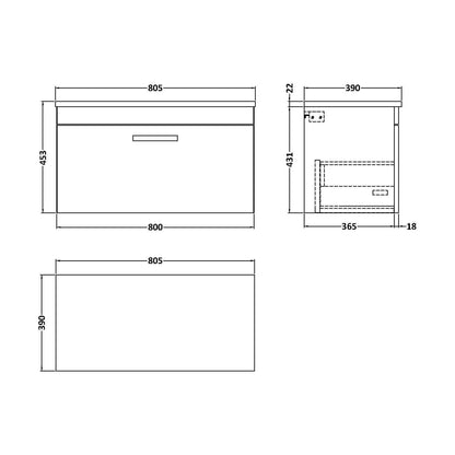 [BFRI060LCM] Millwich Contemporary 1 Drawer Wall Hung Vanity Unit with Laminate Carrara Marble Worktop, Anthracite Woodgrain, 800mm - Technical Drawing