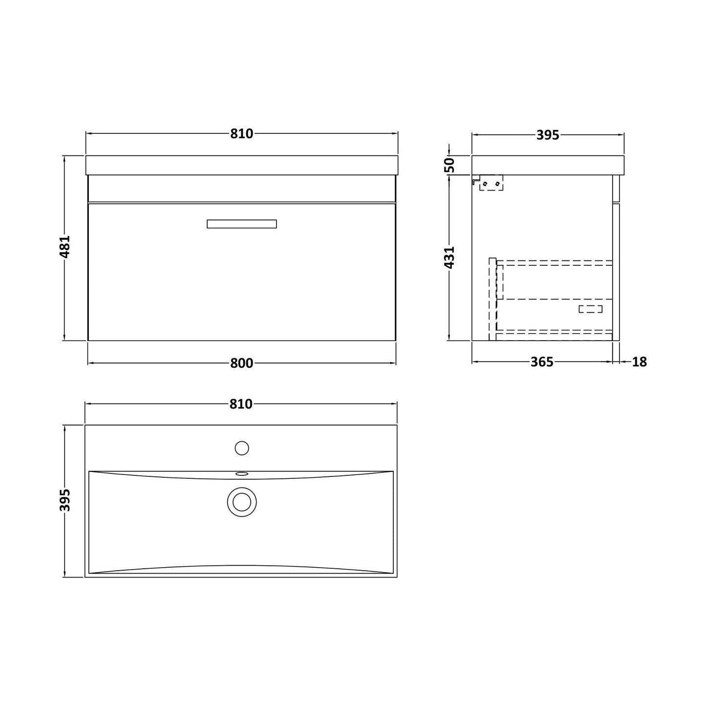 [BFRI061D] Millwich Contemporary 1 Drawer Wall Hung Vanity Unit with Thin Edge Basin, Charcoal Black, 800mm - Technical Drawing