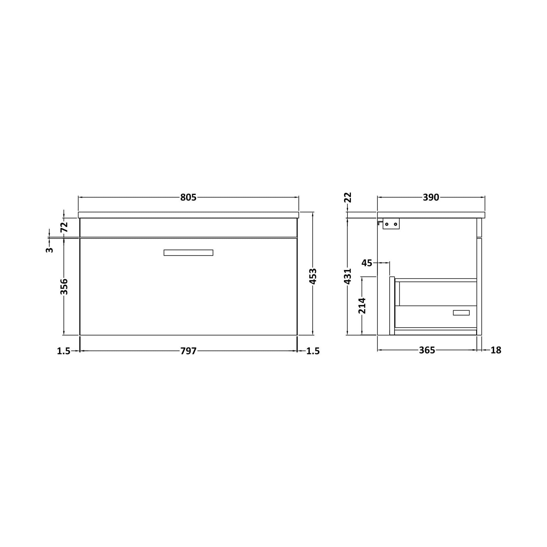 [BFRI061LBG] Millwich Contemporary 1 Drawer Wall Hung Vanity Unit with Laminate Black Galaxy Granite Worktop, Charcoal Black, 800mm - Technical Drawing