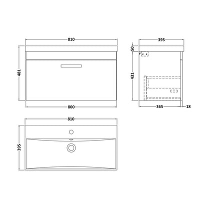 [BFRI062D] Millwich Contemporary 1 Drawer Wall Hung Vanity Unit with Thin Edge Basin, Gloss White, 800mm - Technical Drawing
