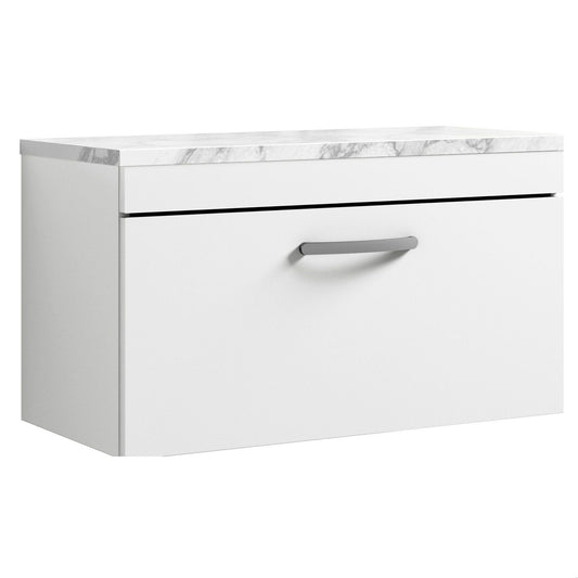 [BFRI062LCM] Millwich Contemporary 1 Drawer Wall Hung Vanity Unit with Laminate Carrara Marble Worktop, Gloss White, 800mm - Cutout