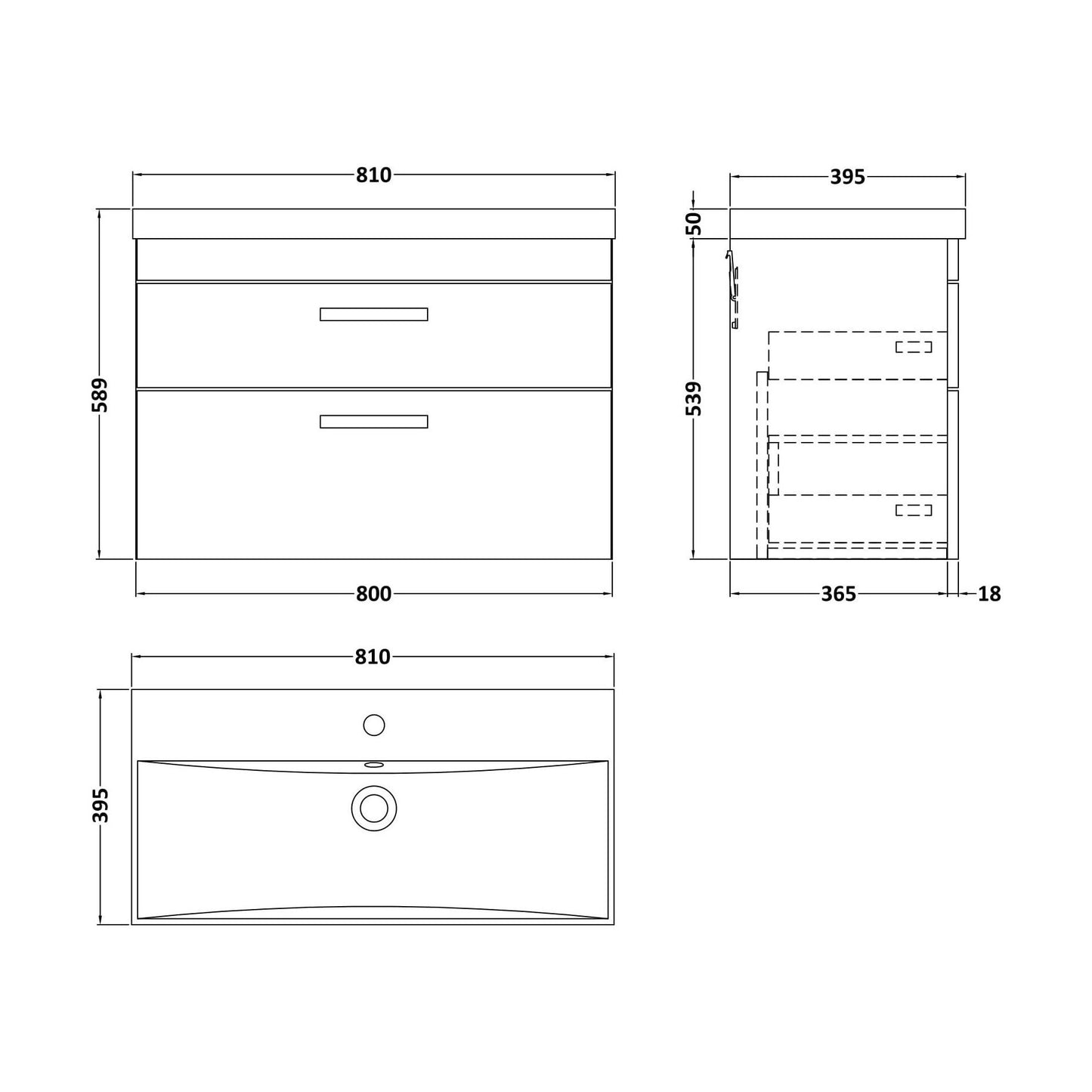 [BFRI067D] Millwich Contemporary 2 Drawer Wall Hung Vanity Unit with Thin Edge Basin, Anthracite Woodgrain, 800mm - Technical Drawing