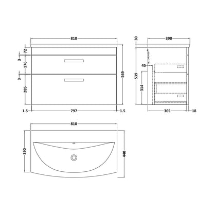 [BFRI068G] Millwich Contemporary 2 Drawer Wall Hung Vanity Unit with Curved Basin, Charcoal Black, 800mm - Technical Drawing