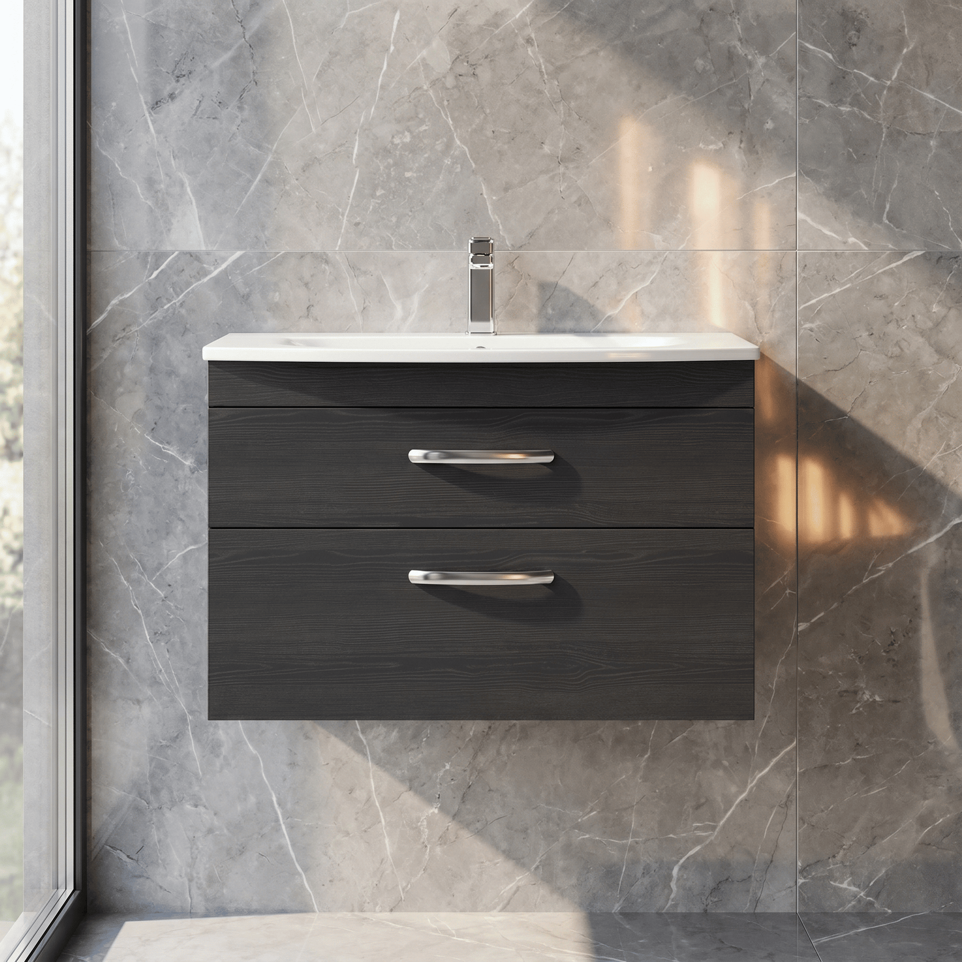 [BFRI068G] Millwich Contemporary 2 Drawer Wall Hung Vanity Unit with Curved Basin - Choice of Size and Colour - Silo