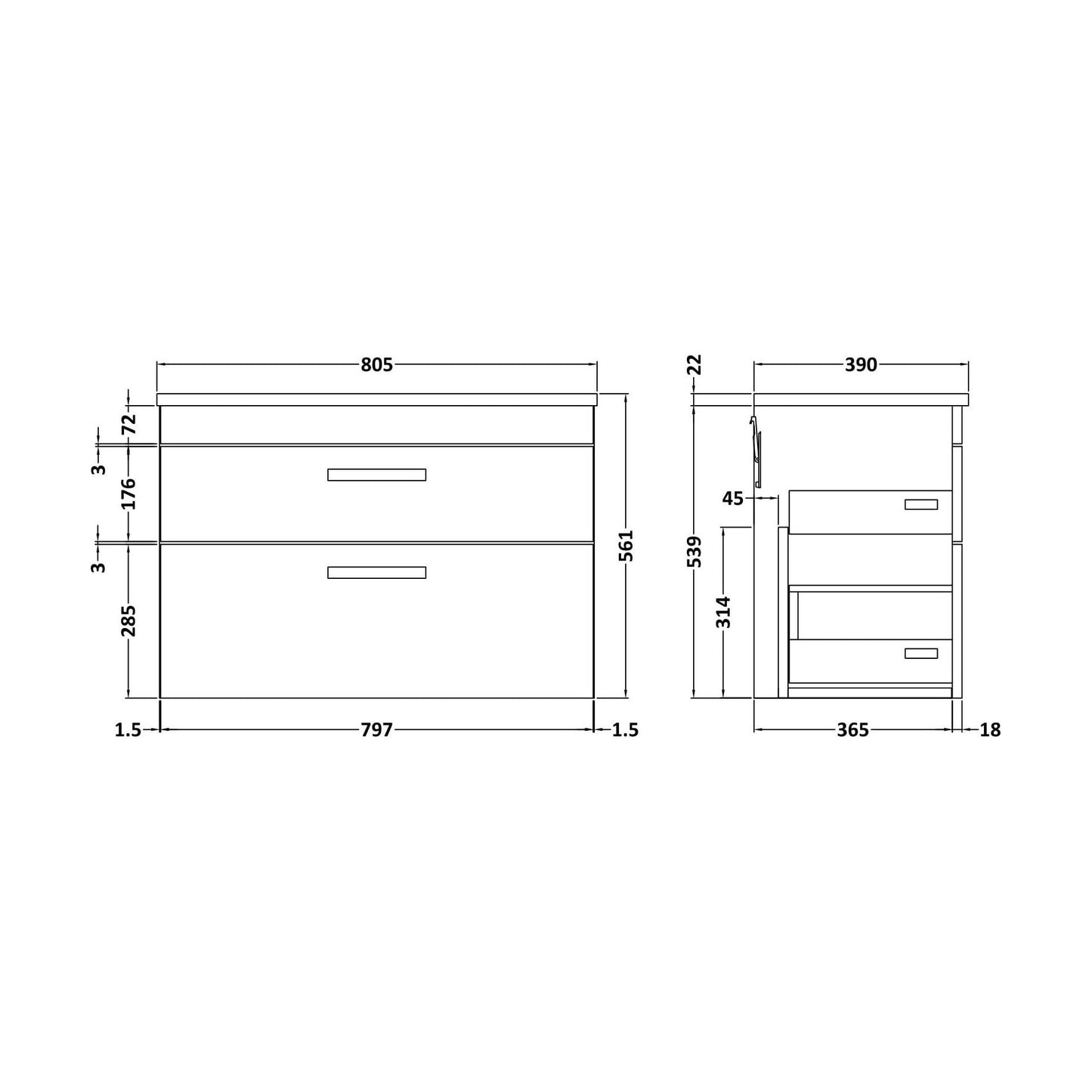 [BFRI068LBG] Millwich Contemporary 2 Drawer Wall Hung Vanity Unit with Laminate Black Galaxy Granite Worktop, Charcoal Black, 800mm - Technical Drawing