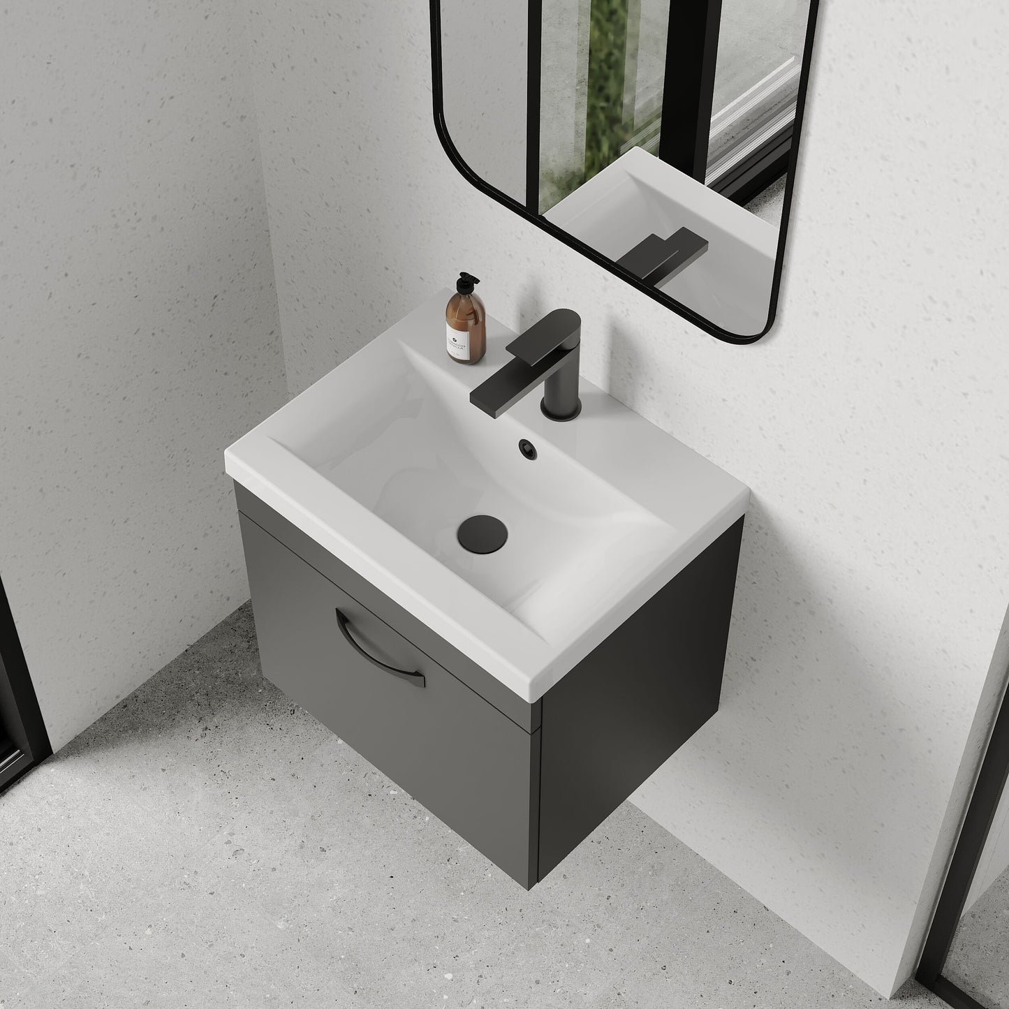 [BFRI073A17] Rio 1 Drawer Wall Hung Vanity Basin Unit - 500mm - Gloss Grey with Black D-shaped handle (Tap Not Included) - Balterley - Lifestyle 2