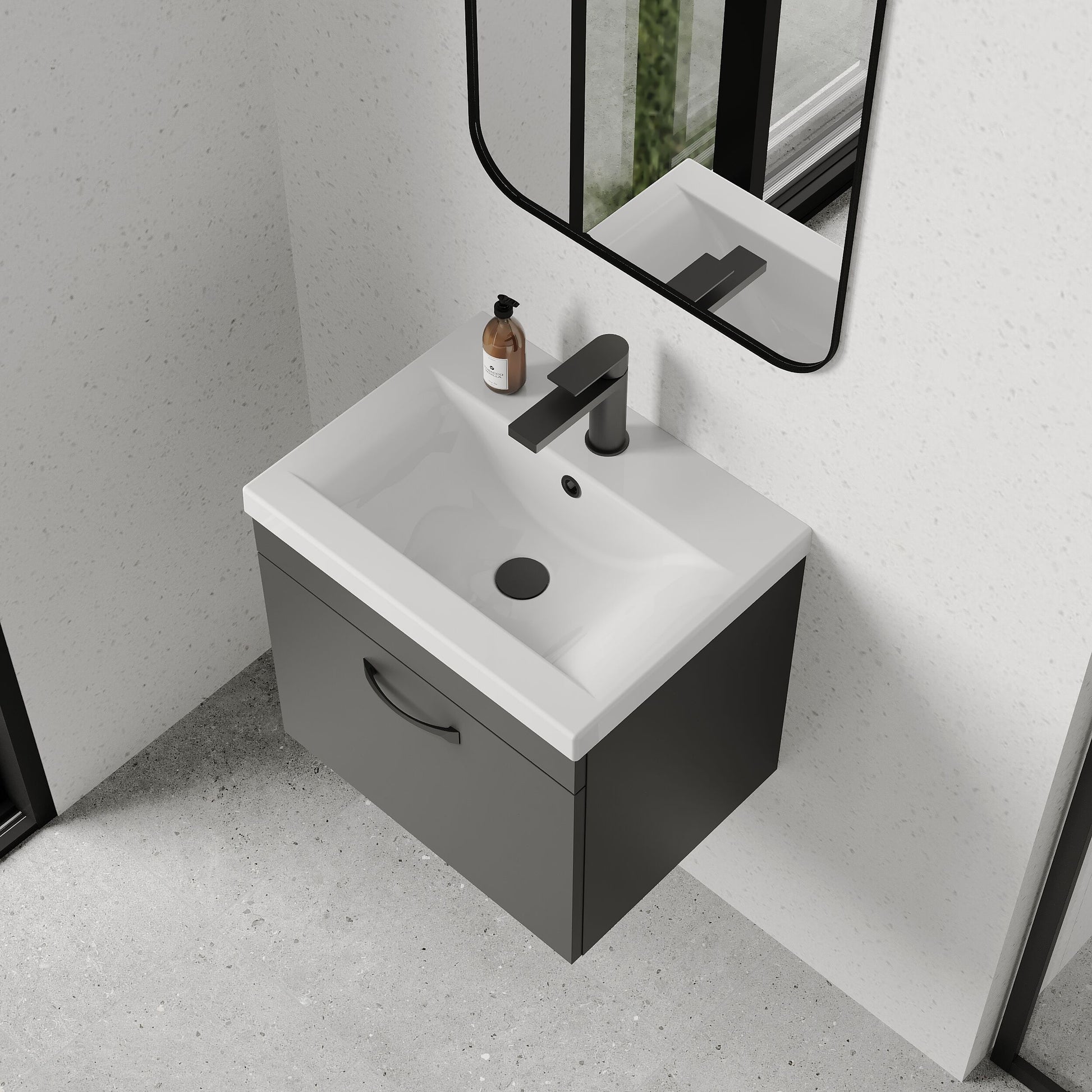[BFRI073A17] Rio 1 Drawer Wall Hung Vanity Basin Unit - 500mm - Gloss Grey with Black D-shaped handle (Tap Not Included) - Balterley - Lifestyle 2