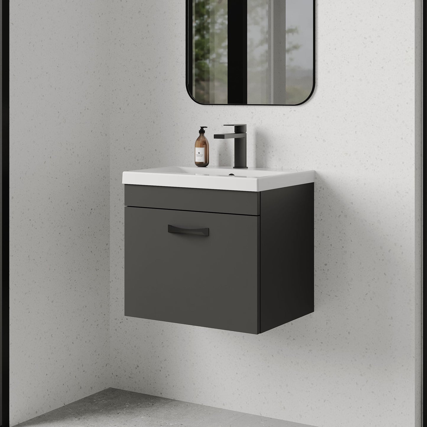 [BFRI073A17] Rio 1 Drawer Wall Hung Vanity Basin Unit - 500mm - Gloss Grey with Black D-shaped handle (Tap Not Included) - Balterley - Lifestyle 3