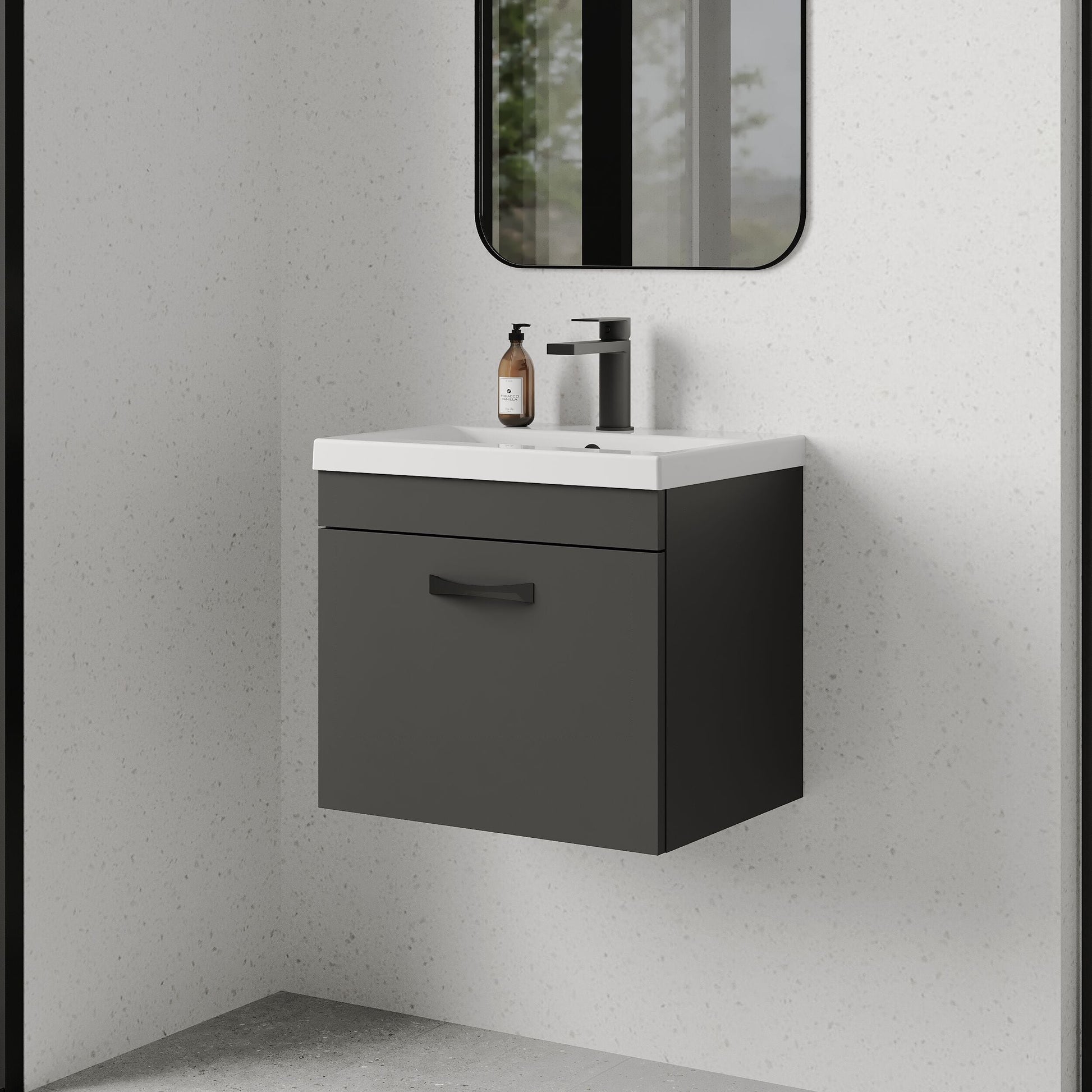 [BFRI073A17] Rio 1 Drawer Wall Hung Vanity Basin Unit - 500mm - Gloss Grey with Black D-shaped handle (Tap Not Included) - Balterley - Lifestyle 3
