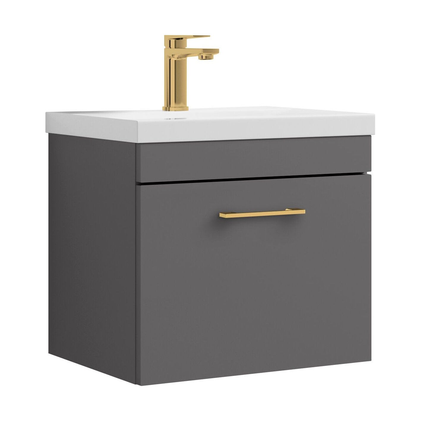 [BFRI073A68] Rio 1 Drawer Wall Hung Vanity Basin Unit - 500mm - Gloss Grey with Brushed Brass D-shaped handle (Tap Not Included) - Cutout