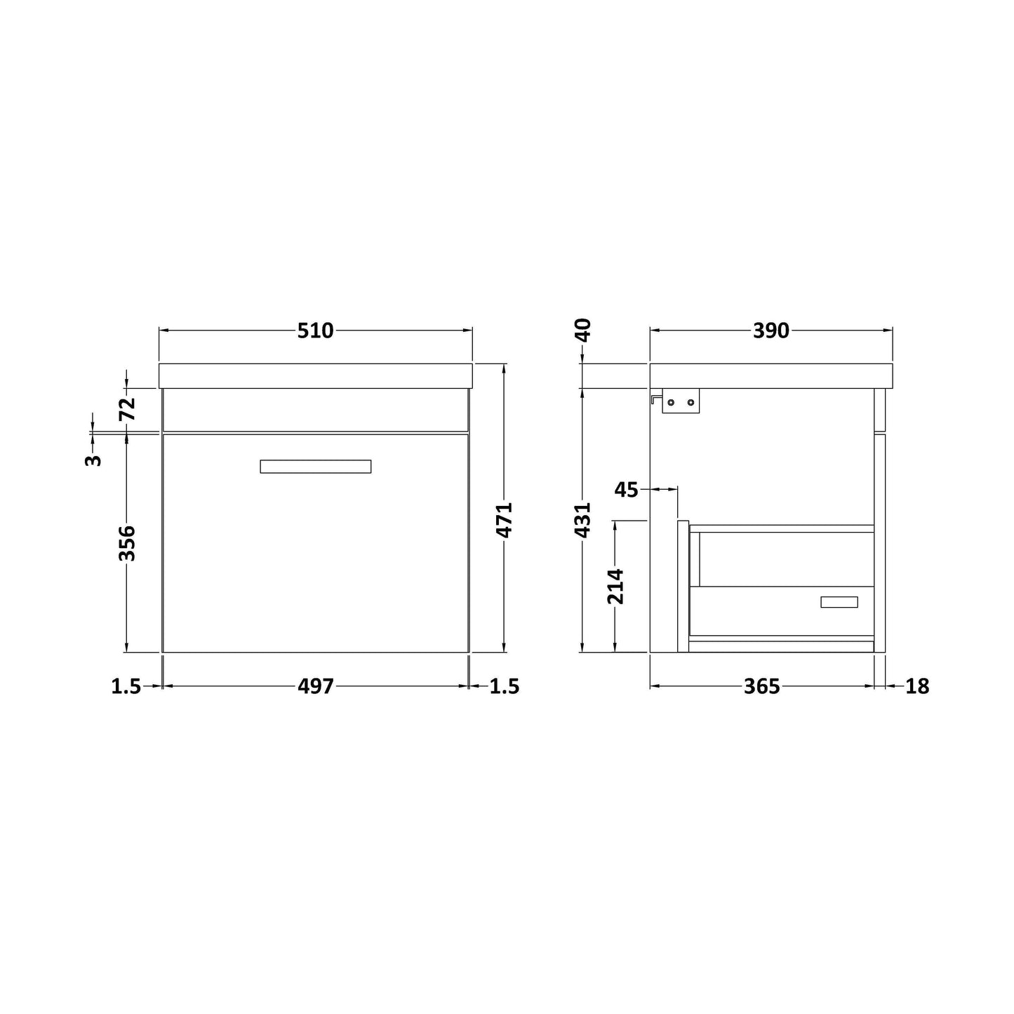[BFRI073A68] Rio 1 Drawer Wall Hung Vanity Basin Unit - 500mm - Gloss Grey with Brushed Brass D-shaped handle (Tap Not Included) - Technical Drawing