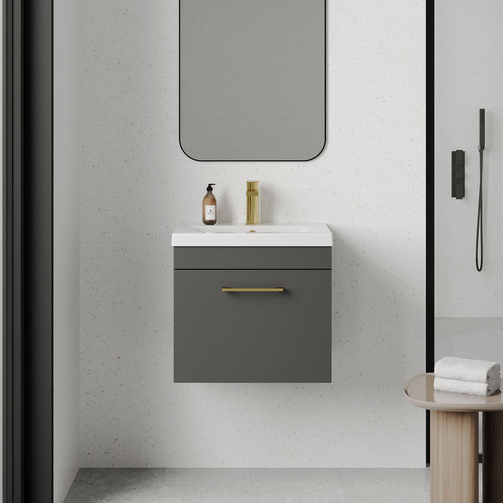 [BFRI073A68] Rio 1 Drawer Wall Hung Vanity Basin Unit - 500mm - Gloss Grey with Brushed Brass D-shaped handle (Tap Not Included) - Lifestyle 1