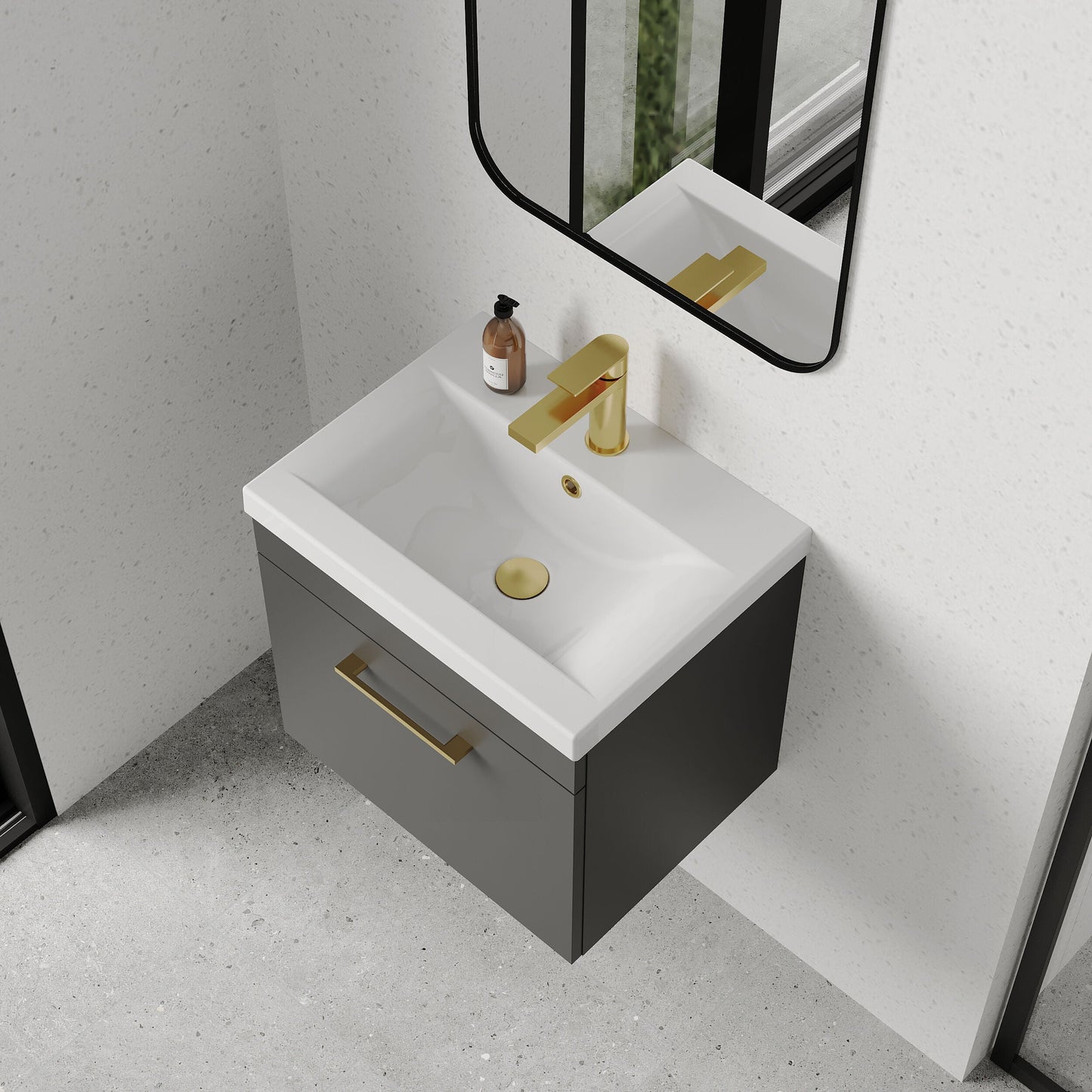 [BFRI073A68] Rio 1 Drawer Wall Hung Vanity Basin Unit - 500mm - Gloss Grey with Brushed Brass D-shaped handle (Tap Not Included) - Lifestyle 2