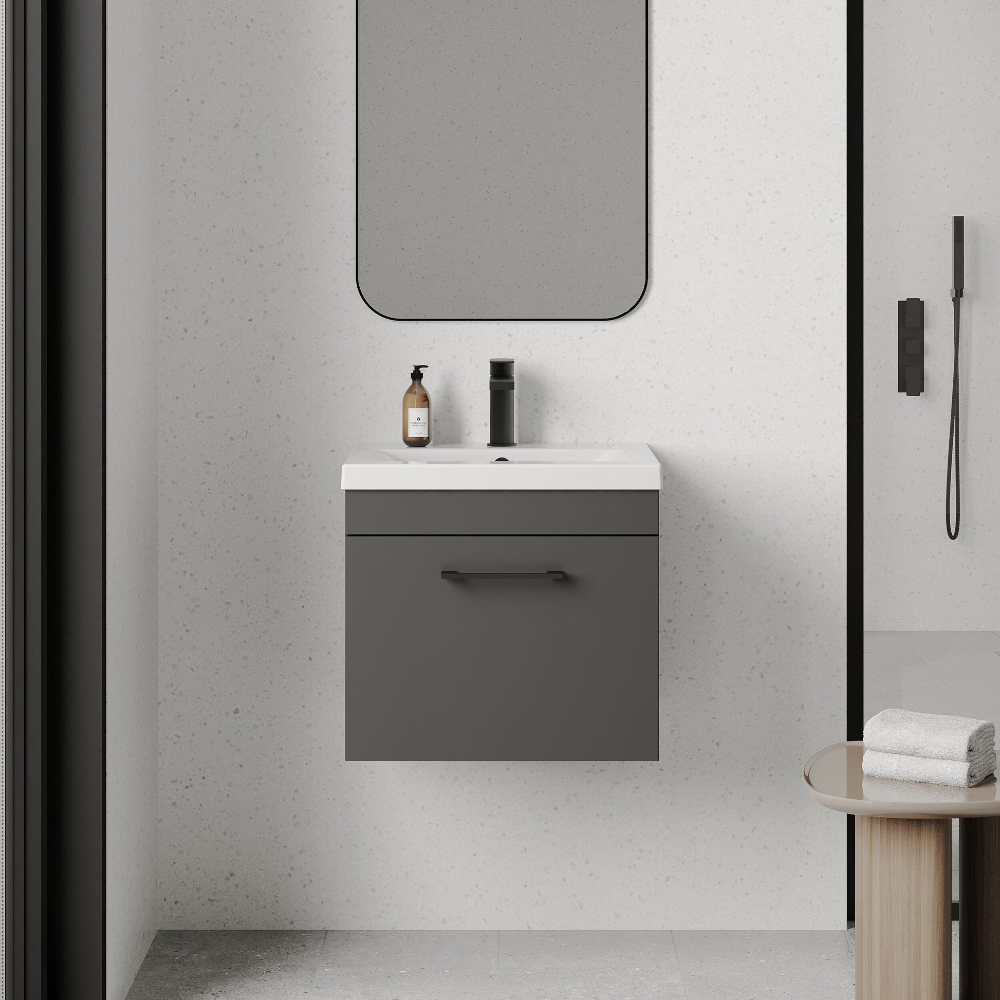 [BFRI073A69] Rio 1 Drawer Wall Hung Vanity Basin Unit - 500mm - Gloss Grey with Square Black D-shaped handle (Tap Not Included) - Balterley - Lifestyle 1