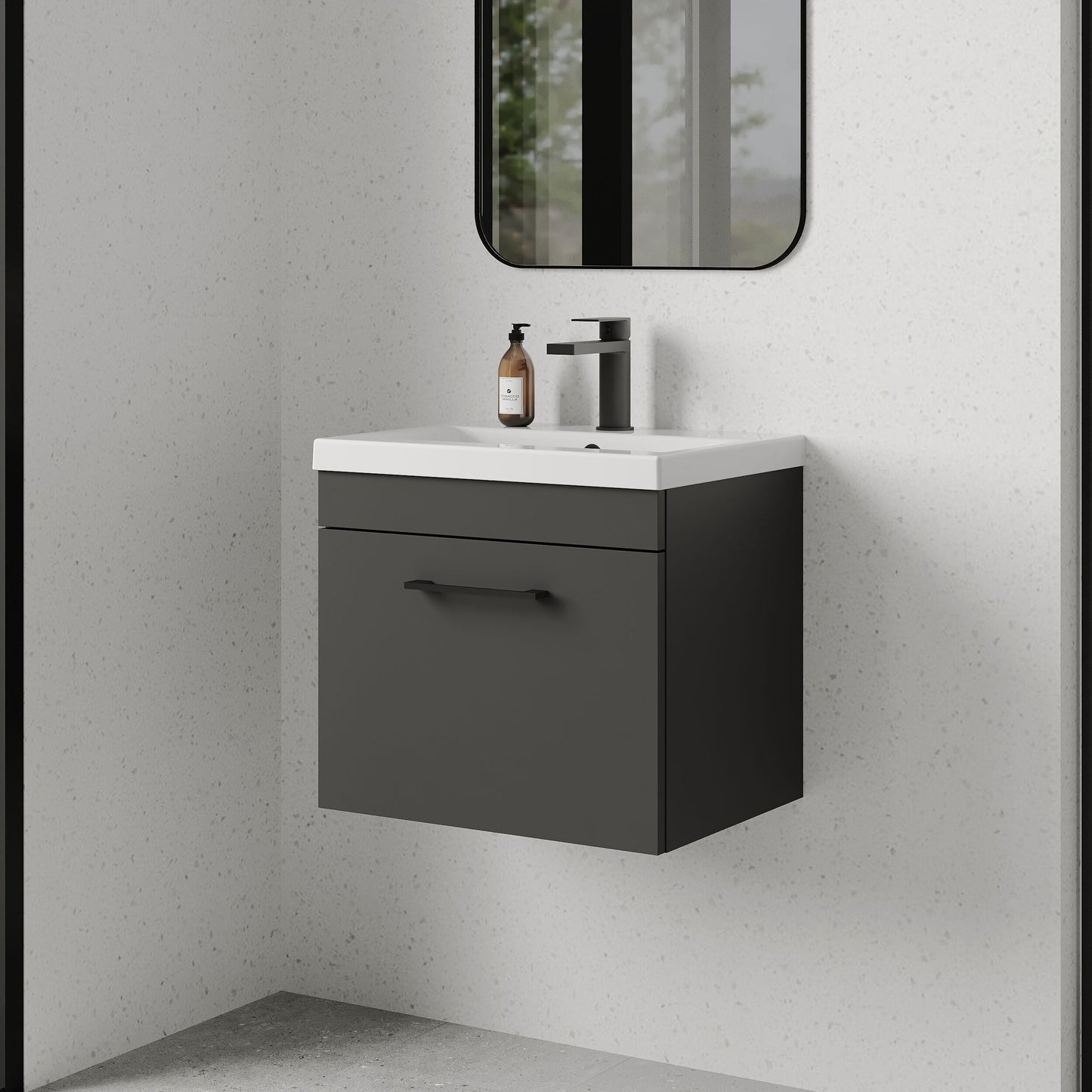 [BFRI073A69] Rio 1 Drawer Wall Hung Vanity Basin Unit - 500mm - Gloss Grey with Square Black D-shaped handle (Tap Not Included) - Balterley - Lifestyle 3