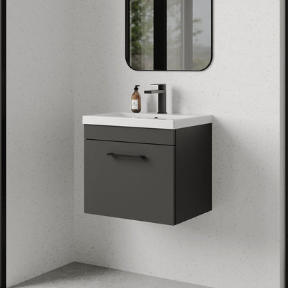 [BFRI073A69] Rio 1 Drawer Wall Hung Vanity Basin Unit - 500mm - Gloss Grey with Square Black D-shaped handle (Tap Not Included) - Balterley - Lifestyle 3