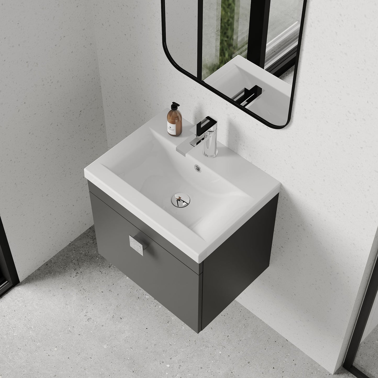 [BFRI073A7] Rio 1 Drawer Wall Hung Vanity Basin Unit - 500mm - Gloss Grey with Chrome Square Handle (Tap Not Included) - Lifestyle 2