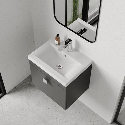 [BFRI073A7] Rio 1 Drawer Wall Hung Vanity Basin Unit - 500mm - Gloss Grey with Chrome Square Handle (Tap Not Included) - Lifestyle 2