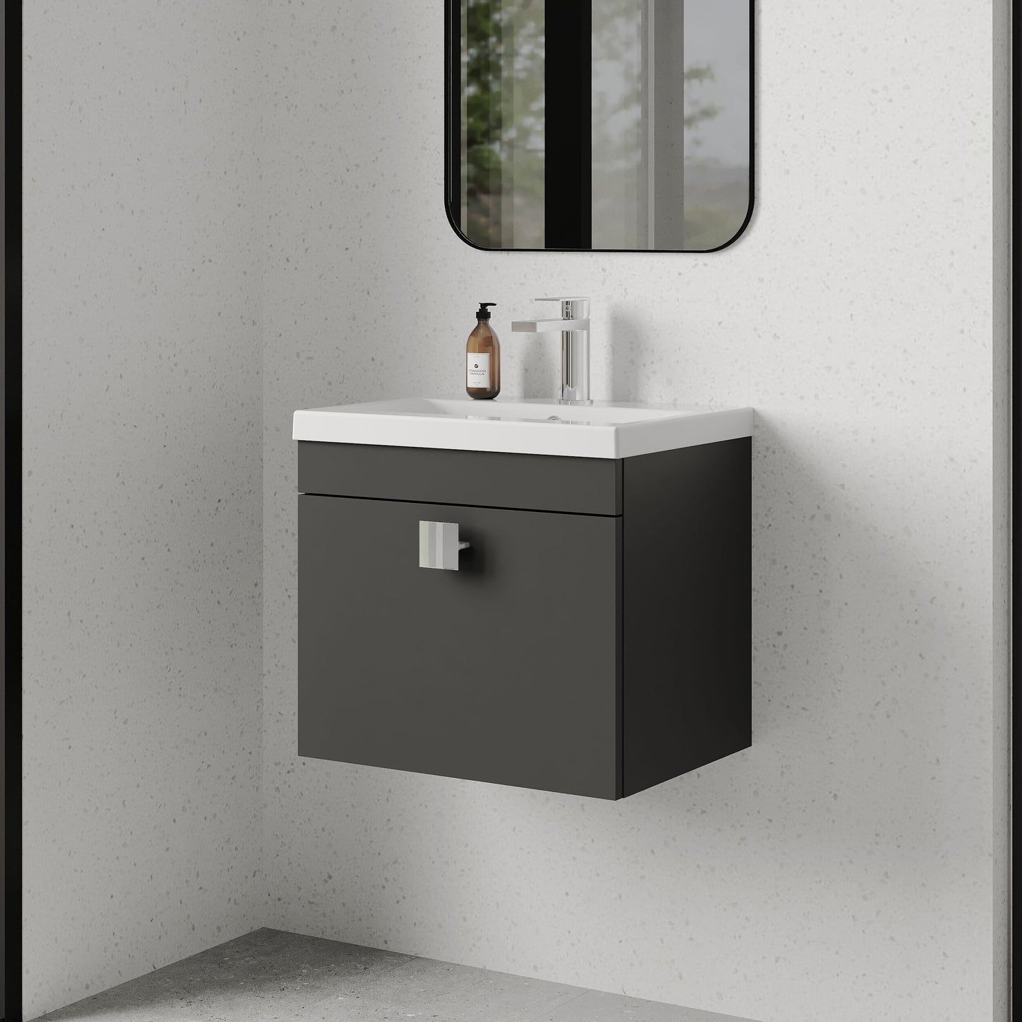 [BFRI073A7] Rio 1 Drawer Wall Hung Vanity Basin Unit - 500mm - Gloss Grey with Chrome Square Handle (Tap Not Included) - Lifestyle 3
