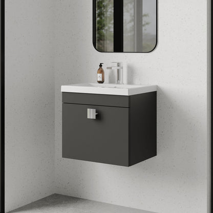 [BFRI073A7] Rio 1 Drawer Wall Hung Vanity Basin Unit - 500mm - Gloss Grey with Chrome Square Handle (Tap Not Included) - Lifestyle 3