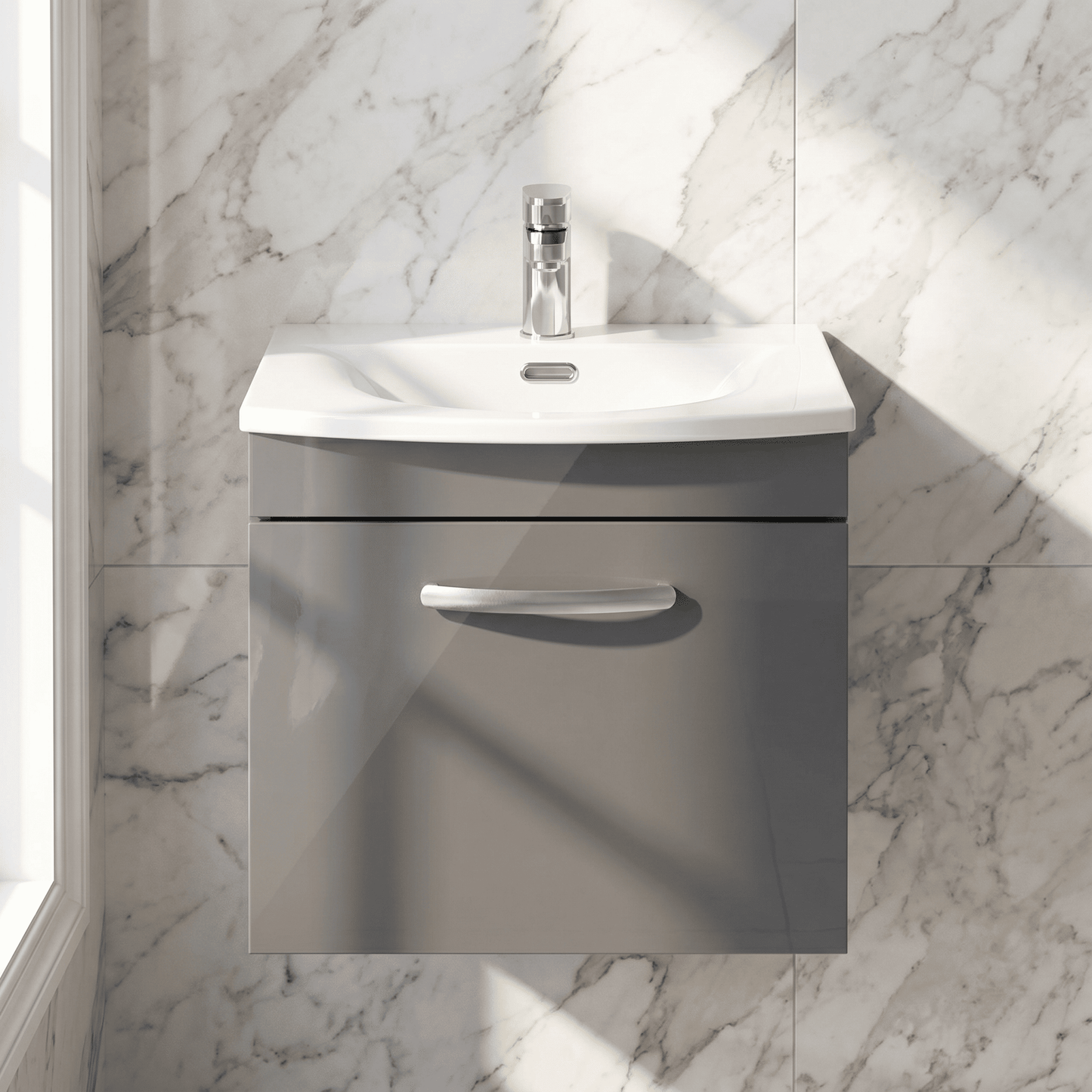 [BFRI073G] Millwich Contemporary 1 Drawer Wall Hung Vanity Unit with Curved Basin - Choice of Size and Colour - Silo