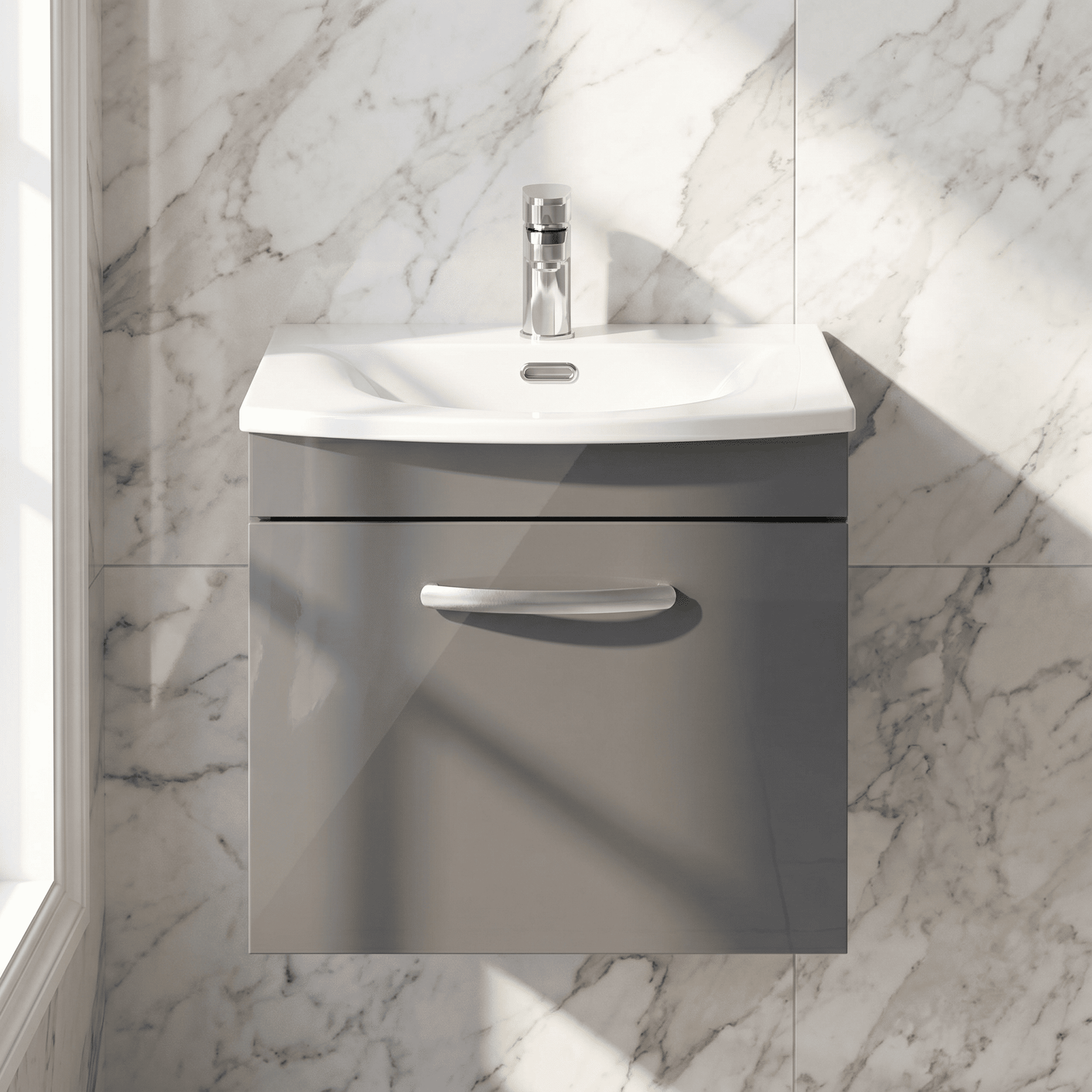 [BFRI073G] Millwich Contemporary 1 Drawer Wall Hung Vanity Unit with Curved Basin - Choice of Size and Colour - Silo
