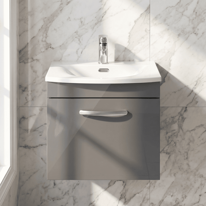 [BFRI073G] Millwich Contemporary 1 Drawer Wall Hung Vanity Unit with Curved Basin - Choice of Size and Colour - Silo