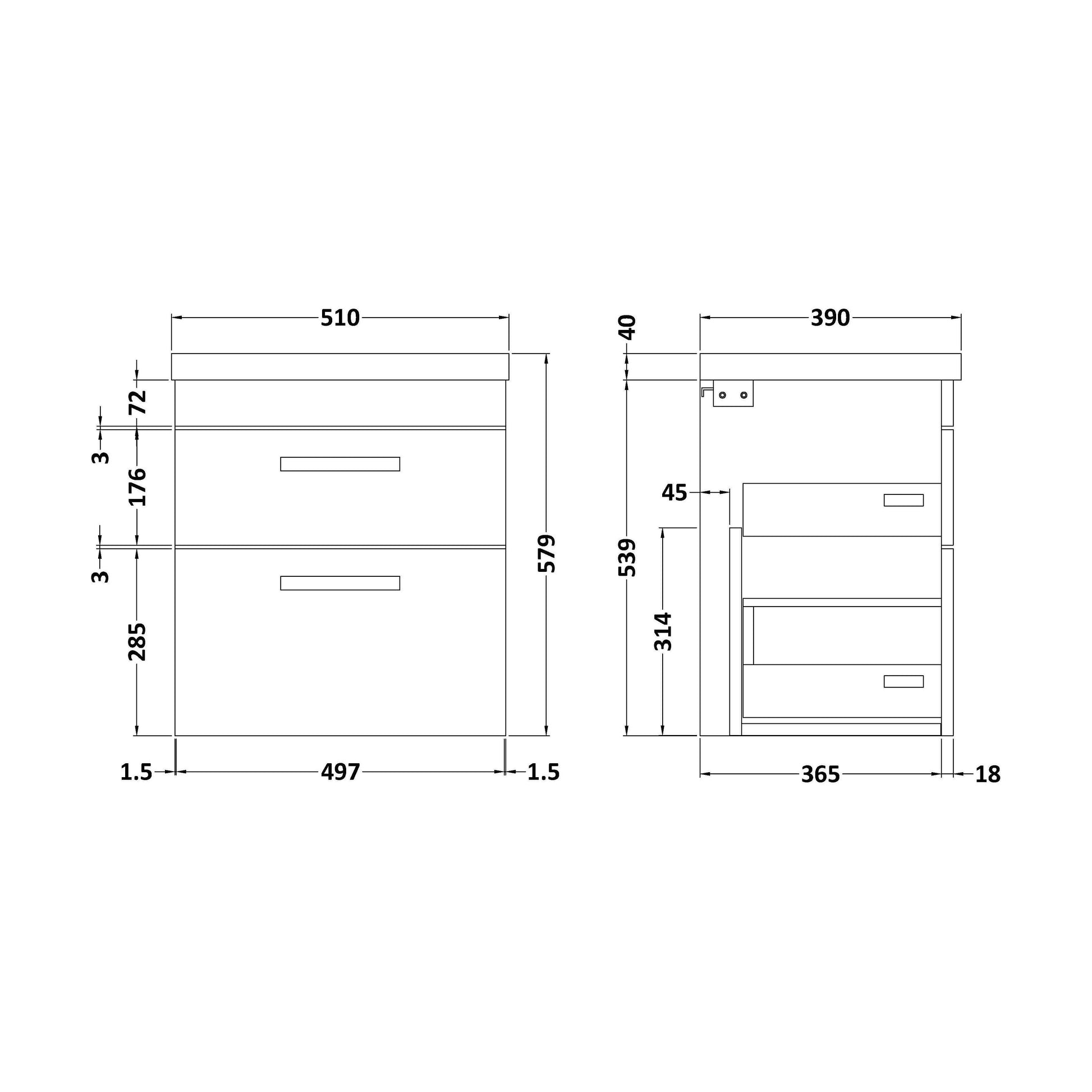 [BFRI074A17] Rio 2 Drawer Wall Hung Vanity Basin Unit - 500mm - Gloss Grey with Black D-shaped handles (Tap Not Included) - Balterley - Technical Drawing