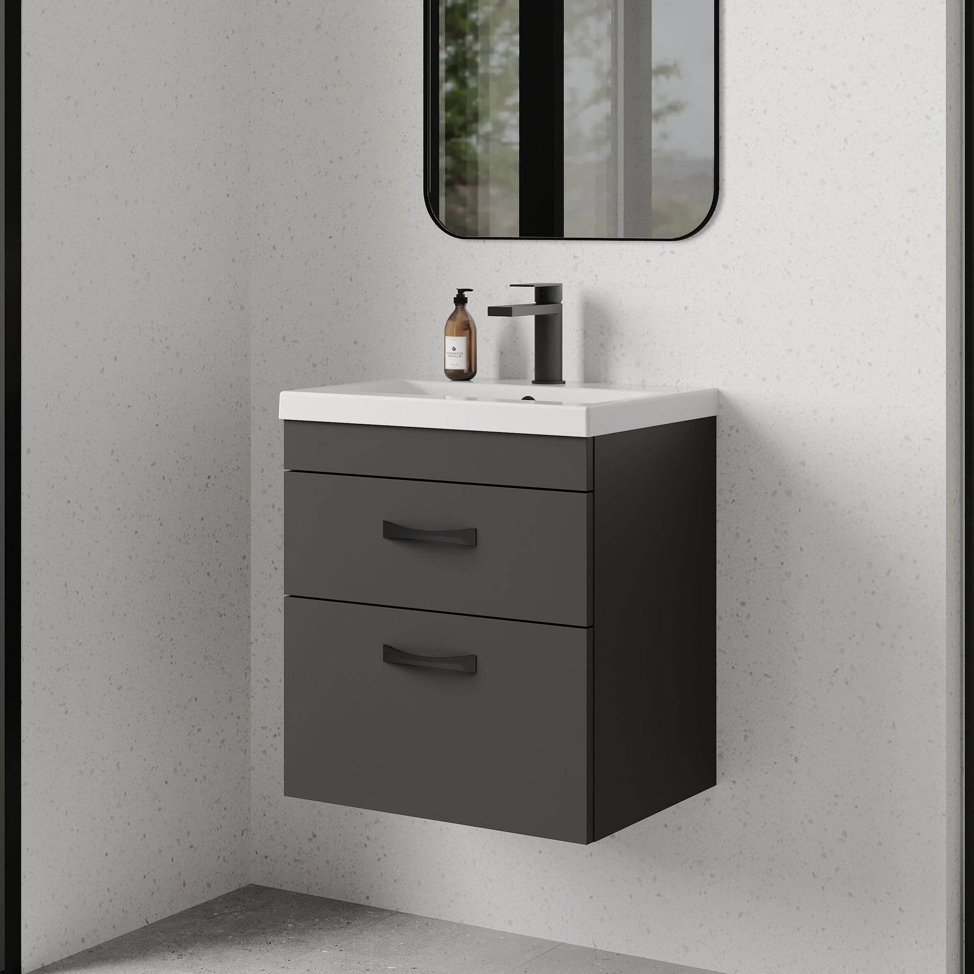 [BFRI074A17] Rio 2 Drawer Wall Hung Vanity Basin Unit - 500mm - Gloss Grey with Black D-shaped handles (Tap Not Included) - Balterley - Lifestyle 3