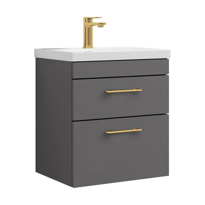 [BFRI074A68] Rio 2 Drawer Wall Hung Vanity Basin Unit - 500mm - Gloss Grey with Brushed Brass D-shaped handles (Tap Not Included) - Cutout