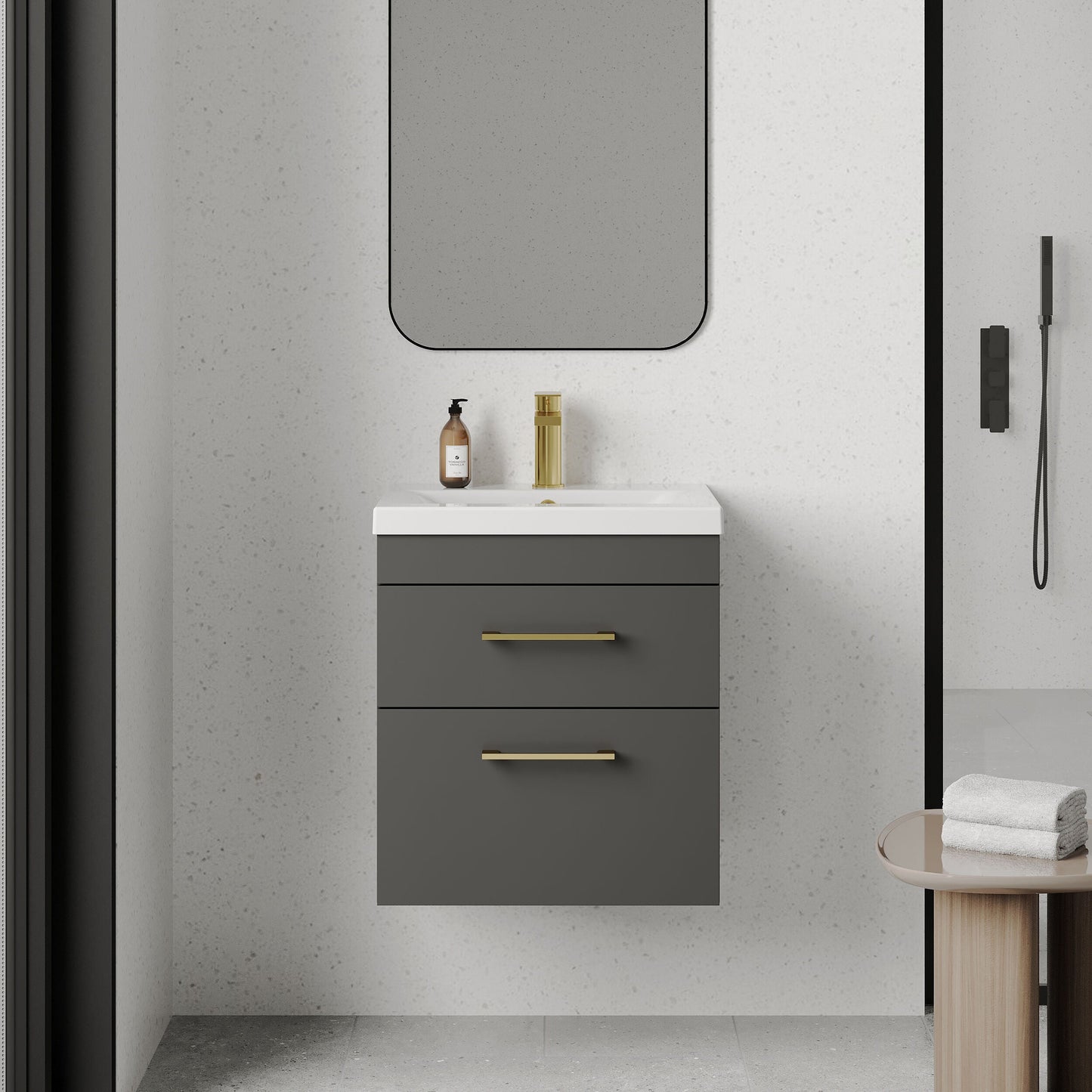 [BFRI074A68] Rio 2 Drawer Wall Hung Vanity Basin Unit - 500mm - Gloss Grey with Brushed Brass D-shaped handles (Tap Not Included) - Lifestyle 1