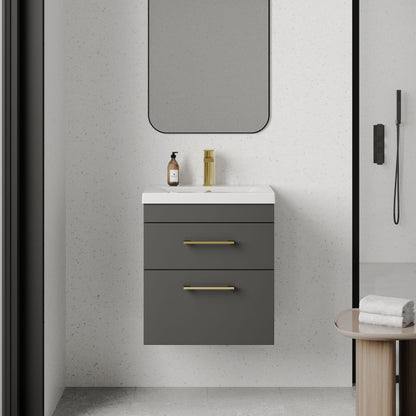 [BFRI074A68] Rio 2 Drawer Wall Hung Vanity Basin Unit - 500mm - Gloss Grey with Brushed Brass D-shaped handles (Tap Not Included) - Lifestyle 1