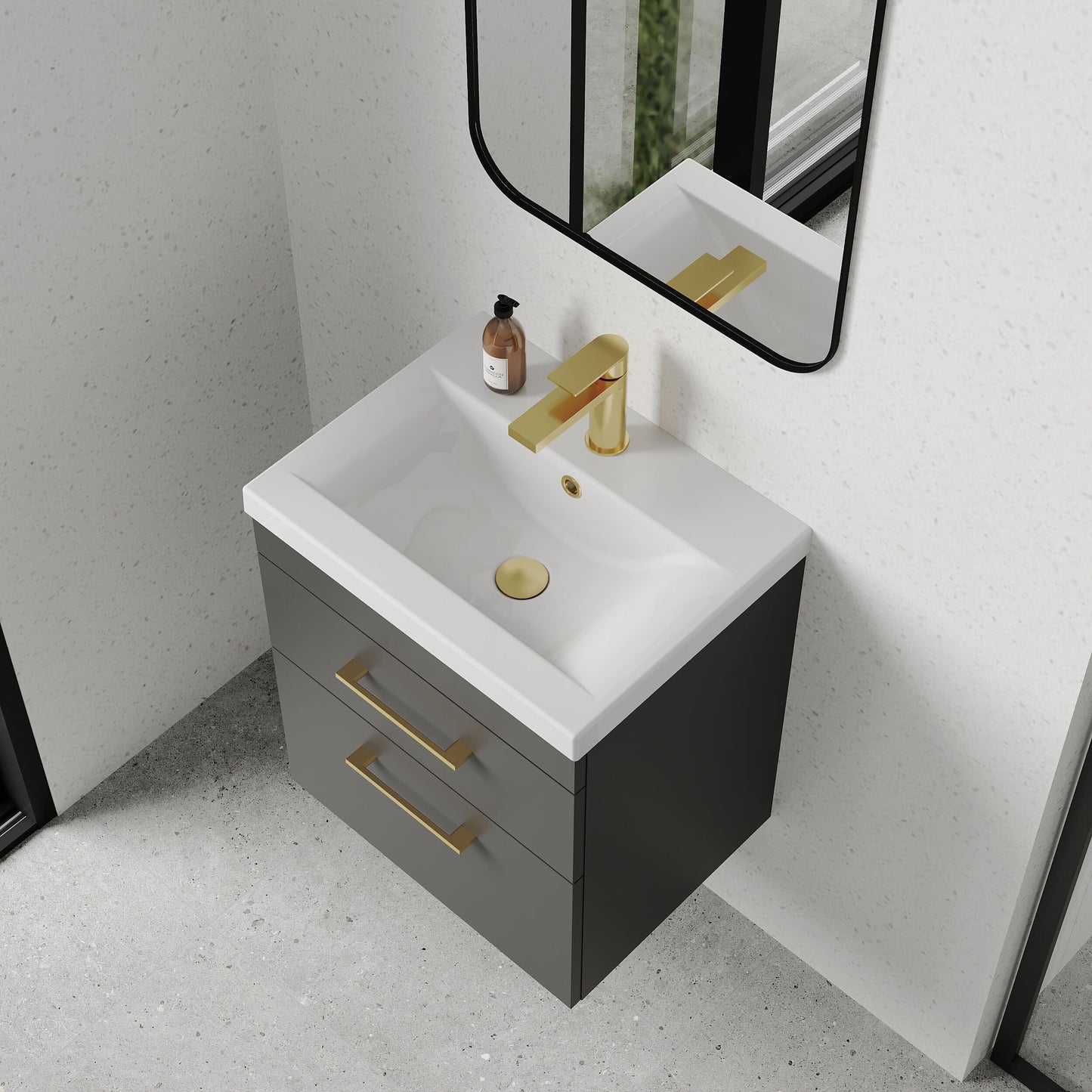 [BFRI074A68] Rio 2 Drawer Wall Hung Vanity Basin Unit - 500mm - Gloss Grey with Brushed Brass D-shaped handles (Tap Not Included) - Lifestyle 2
